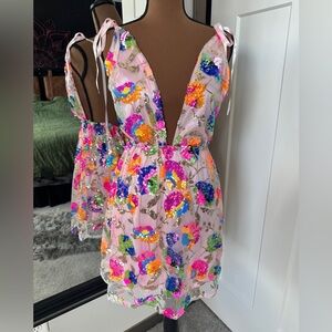 Festival Sequin Floral Mini Dress Plunge Front Backless